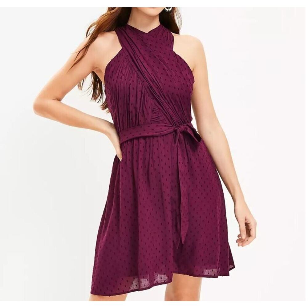 LOFT Crossover Halter Dress Size 8 Womens Purple Tie Waist - Picture 13 of 13
